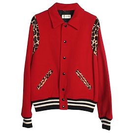 Saint Laurent Leopard-Trimmed Teddy Bomber Jacket in Red Lana Vergine Red