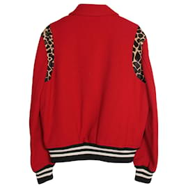 Saint Laurent-Saint Laurent Leopard-Trimmed Teddy Bomber Jacket in Red Lana Vergine-Red