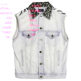 Saint Laurent-Saint Laurent Leopard Collar Vest in Light Blue Cotton Denim-Blue,Light blue