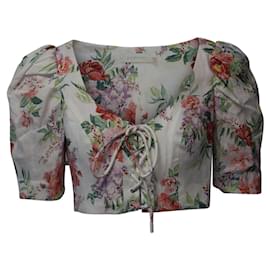 Zimmermann-Blusa floral com cadarço Zimmermann Bellitude cropped em linho branco-Branco