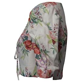 Zimmermann-Blusa floral com cadarço Zimmermann Bellitude cropped em linho branco-Branco