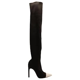 Givenchy-Givenchy Over the Knee Stretch-Knit Boots with White Leather Toe Cap in Black Elastane-Black