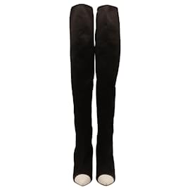Givenchy-Givenchy Over the Knee Stretch-Knit Boots with White Leather Toe Cap in Black Elastane-Black