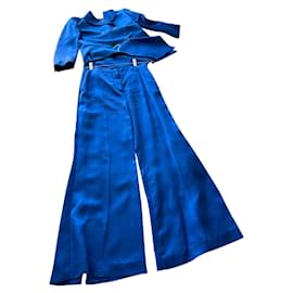Massimo Dutti-Pantalón traje ancho raso con aberturas-Azul