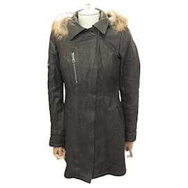 Autre Marque-NEW COAT FORESTLAND M 38 40 WOMEN BROWN LEATHER FUR HOODED JACKET-Brown