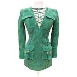 Balmain-Balmain green suede woven dress-Green