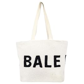 Balenciaga-Balenciaga Logo Tote Shearling aus cremefarbener Wolle-Weiß,Roh