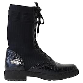 Fendi-Fendi Multi-Panel Lace Up Ankle Boots in Black Calfskin Leather-Black