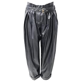 Balmain-Balmain Pantalon Taille Paperbag en Simili Cuir Noir-Noir