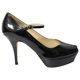 Saint Laurent-Yves Saint Laurent Peep Toe Platform Mary Jane Pumps in Black Patent Leather-Black