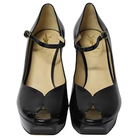 Saint Laurent-Yves Saint Laurent Peep Toe Platform Mary Jane Pumps in Black Patent Leather-Black