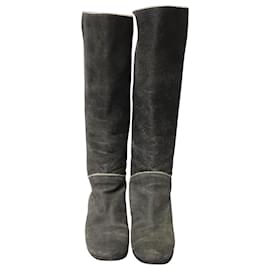 Chanel-Chanel Textured Shearling Lining Boots in Black Leather-Grey