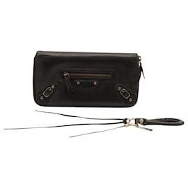 Balenciaga-Balenciaga Companion Long Wallet mit Reißverschluss aus schwarzem Kalbsleder Leder-Schwarz