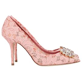 Dolce & Gabbana-Dolce & Gabbana Bellucci Lace Pumps in Pink Cotton-Pink