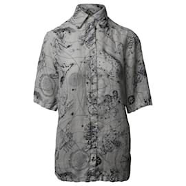 Acne-Acne Studios Zodiac Printed Short Sleeve Button Front Shirt in White and Black Linen -Other
