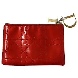 Dior-Porte-Monnaie Dior Cannage en Cuir Verni Rouge-Rouge