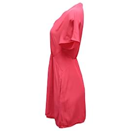 Maje-Maje V-neck Gathered Summer Dress in Fuchsia Pink Silk-Pink