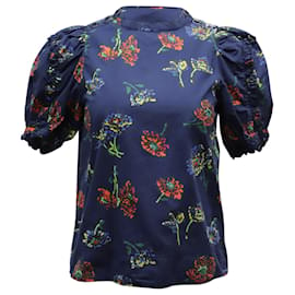 Ulla Johnson-Ulla Johnson Floral Top with Puff Sleeves in Navy Blue Cotton -Blue,Navy blue