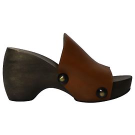 Chloé Chloe Peep Toe Wooden Clogs in Brown Leather Brown