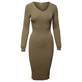 Michael Kors-Michael Kors Fitted Ribbed Knit Midi Dress in Metallic Gold Viscose -Golden,Metallic