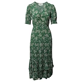 Ba&Sh-Ba&Sh Vika Gathered Floral Print Midi Dress in Green Viscose-Green