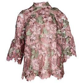 Anna Sui-Anna Sui Mock Neck Floral Lace Blouse in Pink Polyester-Pink