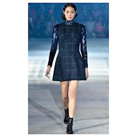 Dior-Dior Pré-Outono 2015 Vestido xadrez de lã-Azul marinho