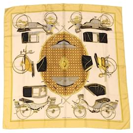 Hermès-HERMES CARRE 90 Cachecol LES VOITURES A TRANSFORMATION Seda Dourado Branco Autor9098-Branco,Dourado