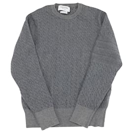 Thom Browne-Thom Browne 4 Bar Cable Knit Sweater in Grey Wool-Grey