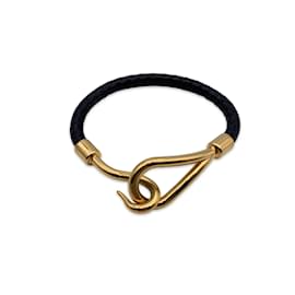 Hermès-Hermes Black Woven Leather Gold Metal Jumbo Hook Bracelet-Black
