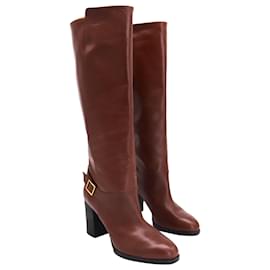 Tod's-Tod's Knee High Boots in Brown Leather-Brown,Red