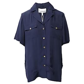 Ganni-Camisa Ganni de manga corta con botones en viscosa azul marino-Azul marino