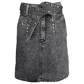 Sandro-Sandro Paris Fredie Belted Embellished Acid-wash Denim Mini Skirt in Grey Cotton-Grey