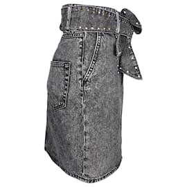 Sandro-Sandro Paris Fredie Belted Embellished Acid-wash Denim Mini Skirt in Grey Cotton-Grey