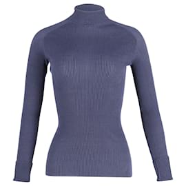 Victoria Beckham-Victoria Beckham Turtleneck Ribbed Sweater in Navy Blue Silk-Blue,Navy blue