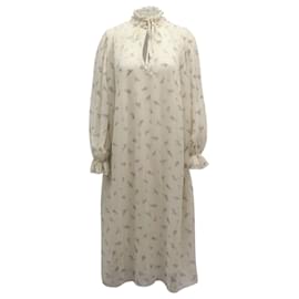 Ganni-Ganni Robe mi-longue plissée à imprimé floral en polyester crème-Blanc,Écru