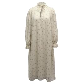 Ganni-Ganni Vestido midi plissado com estampa floral em poliéster creme-Branco,Cru