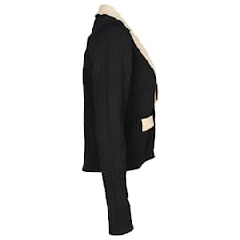Sandro-Sandro Paris Knitted Contrasting Cropped Cardigan in Beige and Black Viscose -Black
