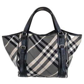 Sac cabas Burberry en toile grise et cuir noir Gris