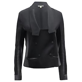 Diane Von Furstenberg-Diane Von Furstenberg Leather-Trimmed Double Breasted Blazer Jacket in Black Triacetate-Black