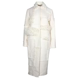 Nina Ricci-Nina Ricci Manteau Long Panneaux à Franges en Laine Écru-Blanc,Écru