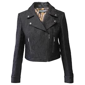 Dolce & Gabbana-Dolce & Gabbana Cropped Jacquard Biker Jacket in Black Cotton-Black