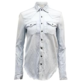 Saint Laurent-Camisa Saint Laurent Clássica Western com botões frontais desgastados em jeans de algodão azul claro lavado-Azul,Azul claro