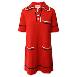 Gucci-Gucci Trimmed Fine-Knit Polo Dress in Red Cotton-Red