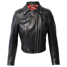 Miu Miu Studded Cropped Biker Jacket in Black Leather Black