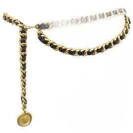 CEINTURE CHANEL EN CHAINE ENTRELACEE DE CUIR 1995 MEDAILLON COCO T75 A 85 BELT Doré