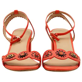 Tory Burch-Tory Burch Marguerite Floral Cutout Mid Block Sandals in Red Leather-Red