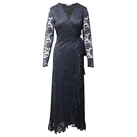 Ganni-Ganni Flynn Ruffle Lace Wrap Dress in Navy Blue Polyamide-Blue,Navy blue
