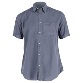 Maison Martin Margiela-Maison Margiela Short Sleeved Shirt with Studded Pockets in Navy Blue Cotton-Blue,Navy blue