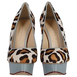 Charlotte Olympia-Charlotte Olympia Polly Leopard Print Platform Pumps in Multicolor Calf Hair and Leather-Other,Python print